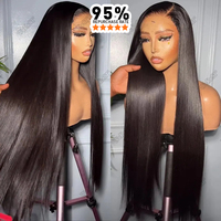 Perruques en cheveux synthétiques mélangés à des cheveux humains, tressage de cheveux, noir de jais, 32 pouces, dentelle frontale avec cheveux de bébé, perruques en filament de protéines brésiliennes
