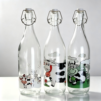 Bouteilles en verre rondes personnalisées par le fabricant, 250 ml, 500 ml, 750 ml, 1000 ml, avec bouchon à clip pivotant pour l'eau, les jus, les boissons, l'huile, les spiritueux