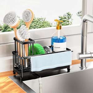 Distributeur de savon en acier au carbone antirouille évier de cuisine Caddy organisateur haut porte-brosse noir éponge stockage - Product Image 1