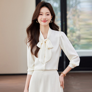 Light Green Satin Blouse With Bow Tie Long Sleeve Office Shirt Women's Elegant Professional Top Solid Color Polyester Fabric - Product Image 4