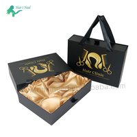 Boîte cadeau coulissante de luxe avec logo personnalisé, boîte d'emballage pour perruque et extensions de cheveux noire avec logo personnalisé, avec poignée en ruban et doublure en satin