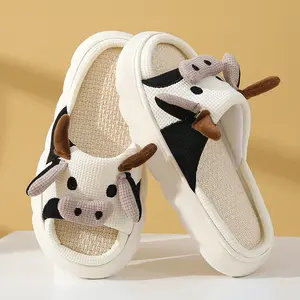 Indoor Home Living Fashion Skin Friendly Platform Slippers Skin Open Toe Linen Cute Plush Cow Slides Slippers For Women And Men