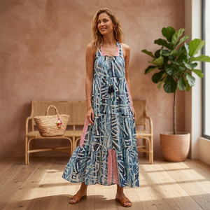 Vestido Maxi Boho con Cuello en V y Lazo, Estampado Geométrico, Corte A, Holgado, de Seda, Verano, Casual, Transpirable, Sin Mangas, Estilo Y2K para Mujer - Product Image 4