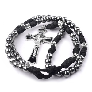 방패 구슬 블랙 튼튼한 Paracord Rosaries 10mm 철 구슬 크로스 목걸이 남성 남성 남성 묵주 - Product Image 3