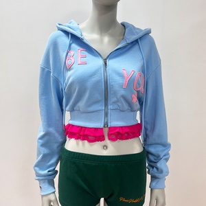 Women High Quality Distress Embroidery Patch <b>Zip</b> <b>up</b> Hoodie Casual Wear Custom <b>Crop</b> Lace Pullover Hoodies Sweatshirt - Product Image 1
