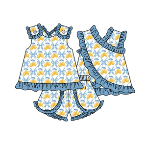GSSO3679 Conjunto de Ropa de Verano para Niña Pequeña, Personalizado, con Lazos Azules y Estampado de Limones Amarillos, sin Mangas - Product Image 1