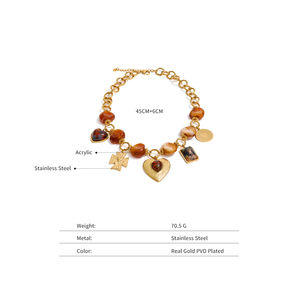 XY 2263 Retro Bernsteinfarbene Acrylperlen Edelstahl Vergoldete Halskette Metall Herz Kreuz Anhänger Halskette für den Urlaub - Product Image 2