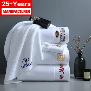 Hotelier Easy Customize Luxury 5 Star Hotel White 100% Cotton Dobby Face Hand Bath Towels Set For Hotel Spa With Customized Logo