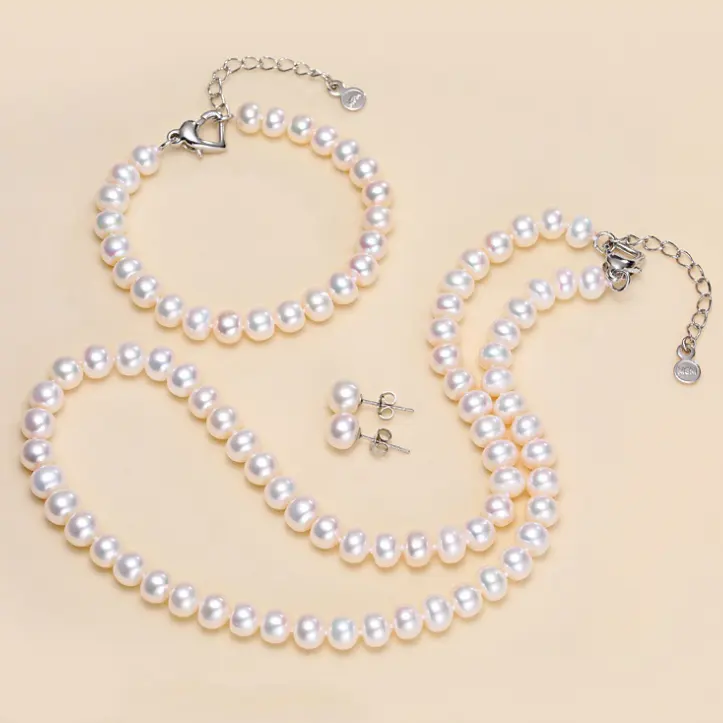 Conjunto de joias de pérola natural genuíno, 7-8mm 3a grau de botão branco genuíno água doce, joias de cultivo de água doce