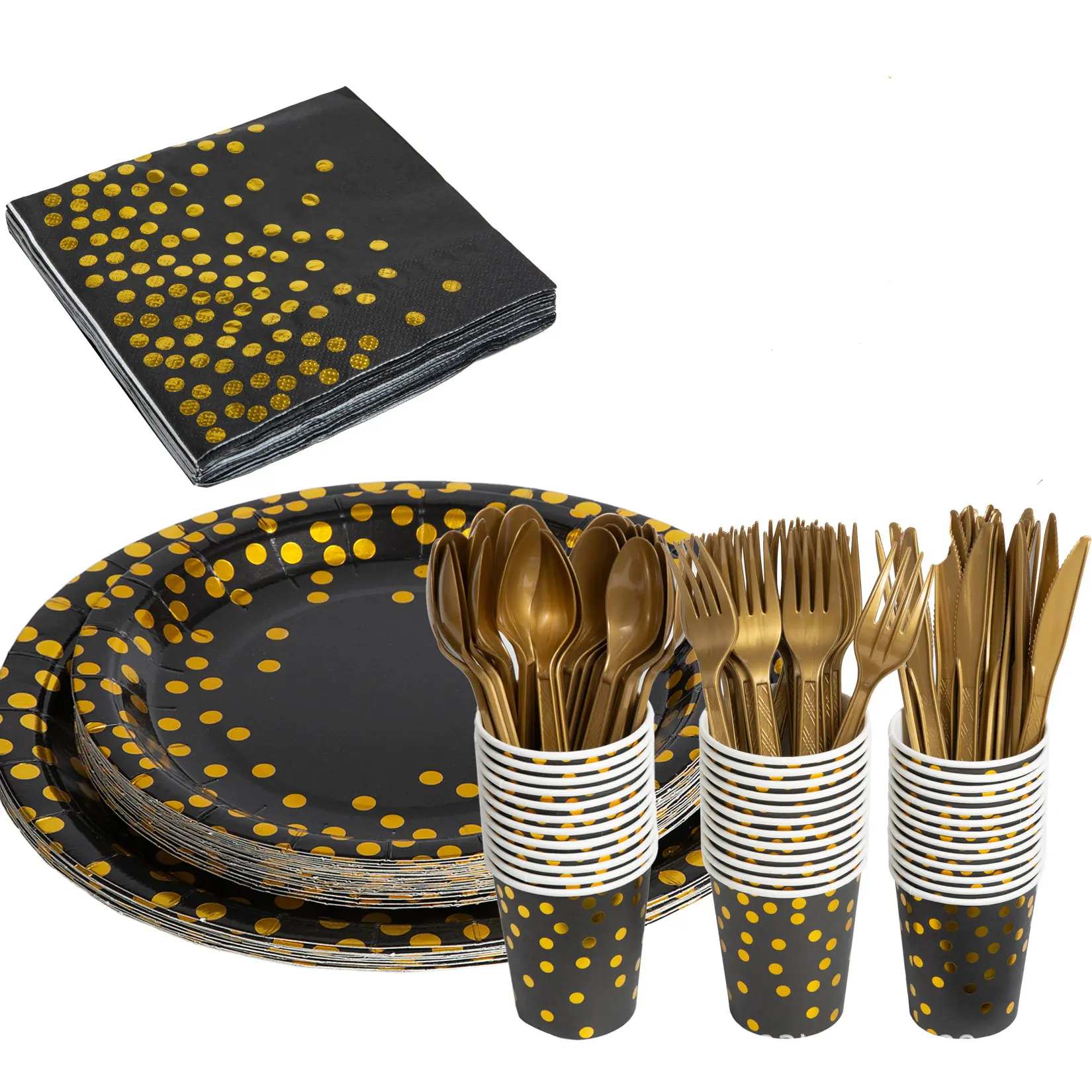 Vajilla de fiesta desechable, platos de papel negro, servilletas, vasos, tenedores de plástico dorado, cuchillos, cucharas para fiesta