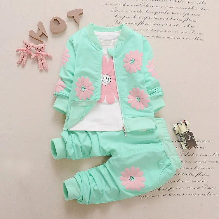 New style fashion spring autumn girls flower printing jacket coat and T shirt and pants 3pieces clothing set for kids