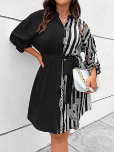 Printemps automne <span class=keywords><strong>Chic</strong></span> <span class=keywords><strong>grande</strong></span> <span class=keywords><strong>taille</strong></span> vêtements pour femmes manches longues col en V robe courte décontracté noir élégant ample fête <span class=keywords><strong>grande</strong></span> <span class=keywords><strong>taille</strong></span> robes - Product Image 6