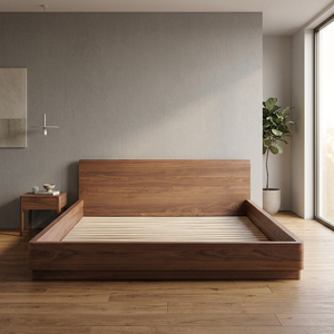 Modern Teak <b>Wood</b> King Bed Frame with Recessed <b>Plinth</b> Base and Rounded Corners - Product Image 2
