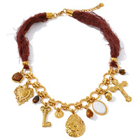 JINYOU 4619-Collier pendentif en acier inoxydable avec corde en polyester rouge foncé vintage plaqué or en forme de clé, bijoux pour cadeau