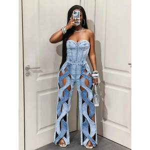 Combinaison en jean VOIKERDR pour femme, épaules dénudées, découpes, style Y2K, streetwear, robe longue sans manches - Product Image 1