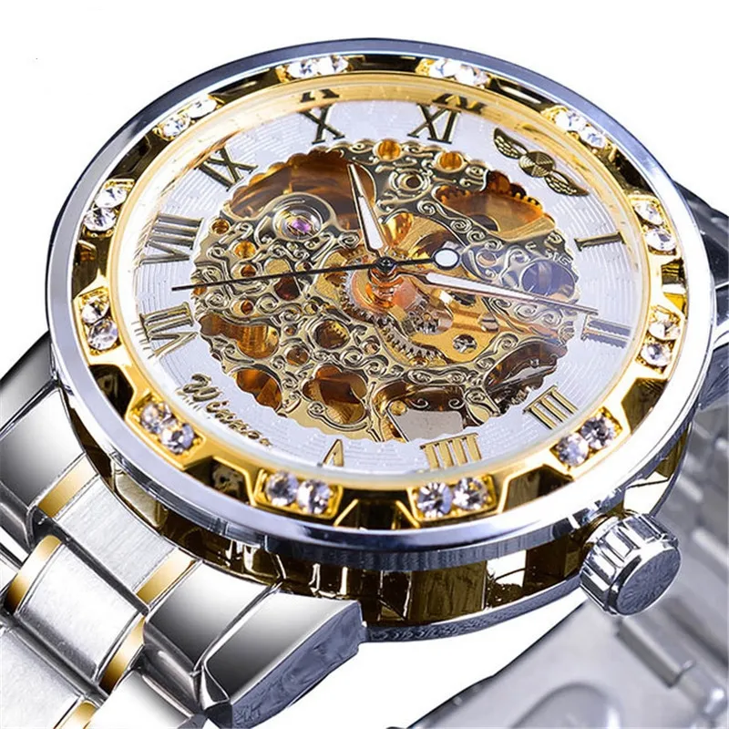 40mm hochwertige mechanische Herrenuhr WINNER hohles Uhrwerk luxus glänzende Diamant-Armbanduhr für Geschäftsmänner
