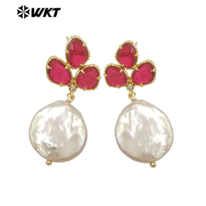 WT-MPE136 all'ingrosso della moda placcato oro prezioso naturale moneta rotonda vera perla orecchini a borchie con la moda Saphire - Product Image 4