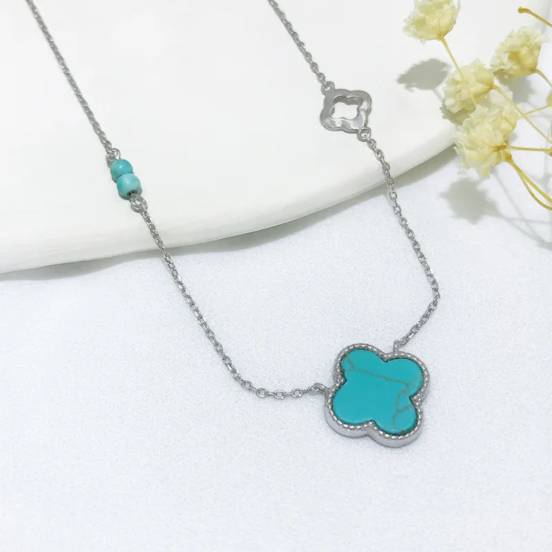 Fine women's jewelry Lucky clover natural turquoise pendant 925 sterling silver necklace chain