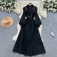 Robe élégante pour femmes en dentelle à manches longues, coupe trapèze, col à nœud, robe de soirée décontractée mi-longue pour tous les jours, robes pour femmes, robe élégante pour femme