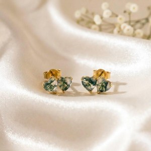 Green Moss Agate Heart <b>Stud</b> Earrings Natural Gemstone In 925 <b>Sterling</b> <b>Silver</b> Or 18K Gold Filled Dainty Minimalist Elegant Jewel - Product Image 1