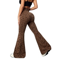 Celana Yoga Wanita High-Waisted Motif Leopard Model Bootcut, Bahan Spandex/Nylon Bernapas, Anti Kusut, Panjang, Ukuran XS