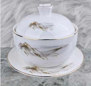 Service de vaisselle en porcelaine fine, motif Cimes de Montagne Nuage, bordure dorée à la main, vaisselle de luxe pour hôtels, mariages, banquets et restaurants - Product Image 3
