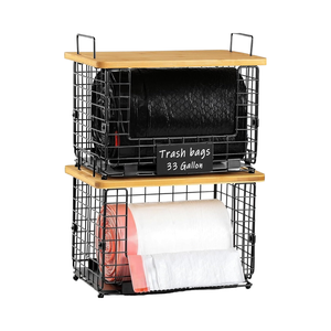 Lot de 2 supports empilables pour sacs poubelles avec dessus en bambou et étiquettes, distributeur de sacs poubelles standard pour sacs poubelles petits ou grands - Product Image 1