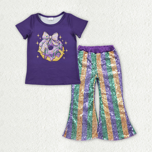 GSPO2160 RTS Ensemble pour fille, imprimé petite fille active, nœuds violets, imprimé beignets, pantalon à paillettes assorti, vente en gros pour enfants, ensemble fille enfant - Product Image 4