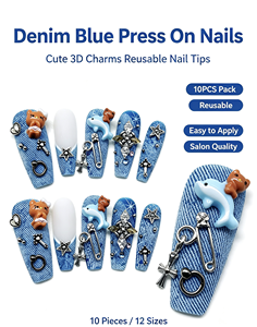 Faux ongles à presser longs et effilés, texture denim, avec breloques 3D chat et dauphin, strass, personnalisables, marque privée, vente en gros - Product Image 3