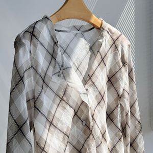 Chemise en ramie à carreaux marron pour femme, coupe décontractée, avec franges, légère et fluide, chemisier unique - Product Image 2