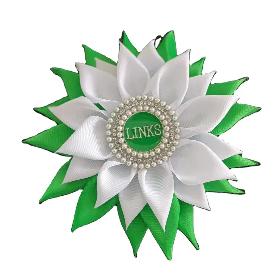 High Quality Green Links Greek Sorority Satin Ribbon Layer Various Colors Petal Flower Brooch Pin