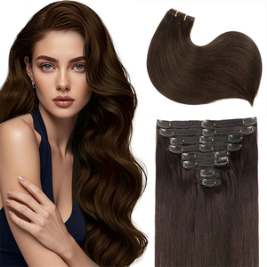 Extensioni per <span class=keywords><strong>capelli</strong></span> con clip, liscie, in vero capello umano, castano scuro, 8 pezzi, con doppia trama - Product Image 1