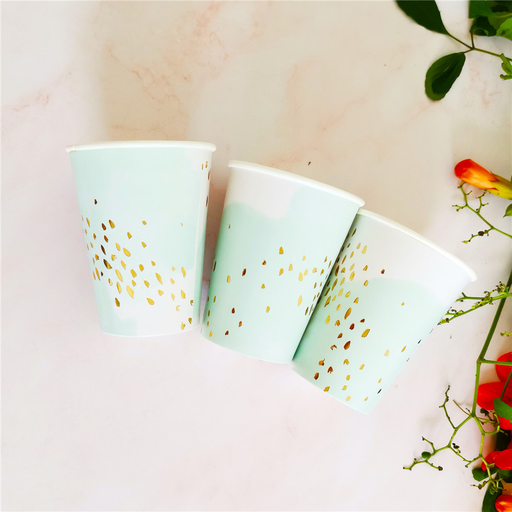 8 vasos de papel de 270 ml con estampado en caliente y pintura de tinta verde menta