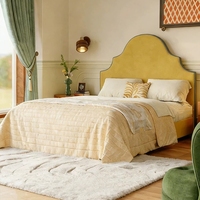 Lit Rétro Français en Bois Massif, Taille Queen, Moderne et Simple, Tissu Jaune Antique, Design en Flanelle, pour Chambre Parentale