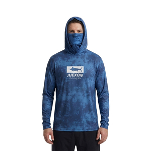 เสื้อยืดแขนยาวมีฮู้ดลายพรางสีน้ำเงินพิมพ์ลายแบบซับลิเมชั่นสำหรับผู้ชาย ผ้าโพลีเอสเตอร์ 100% ระบายอากาศได้ดี กันลม กันน้ำ ป้องกันรังสียูวี - Product Image 2