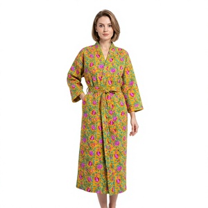 Classy Vintage Handmade Kantha <b>Kimono</b> <b>Maxi</b> Women Summer Floral V-neck Belt Robe 100% Cotton Quick Dry Breathable Beach Vacation - Product Image 1