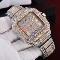 Reloj Cuadrado Iced Diamond para Hombre, Estilo Hip Hop de Lujo, Completamente Adornado con Circonitas Cúbicas, Cristal de Cuarzo Resistente al Agua, Esfera Plateada con Números Romanos