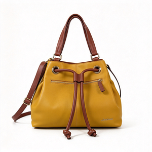 Bolso de mano tipo cubo con cordón para mujer, de piel sintética suave, con asa superior en color contrastante y correa de hombro extraíble - Product Image 6
