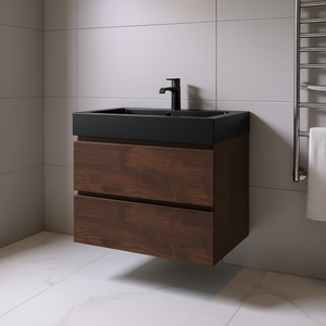 Mueble de baño flotante moderno de nogal de 24 pulgadas, montado en la pared, con lavabo negro y grifo de drenaje, gran capacidad de almacenamiento - Product Image 2