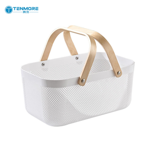 Cesto portaoggetti in plastica nordico con manico in legno, contenitore multifunzionale per bucato e cucina, organizer estetico per il <span class=keywords><strong>bagno</strong></span> - Product Image 1