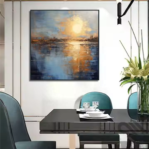 Màu xanh hải quân màu trắng nghệ thuật hiện đại vàng lá lớn nghệ thuật tường trừu tượng với khung tranh sơn dầu trên vải cảnh quan trang trí nhà - Product Image 6