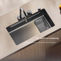 Évier de cuisine rectangulaire moderne multifonctionnel fait main en acier inoxydable 304 noir de 5 mm avec robinet, grand bac unique