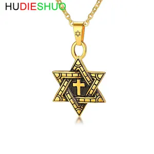 Jewish Spiritual Christian Religious Jewelry Stainless Steel Two-Tone Star of David with Cross Pendant Necklace