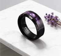 Bague en tungstène noir POYA 8MM avec incrustation de pierre naturelle violette pour homme, cadeau de festival, cadeau de fiançailles pour les amoureux