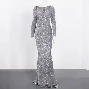 Benutzer definierte Mutter der Braut Kleid Roben De Soiree Chic Samt Pailletten Grau Sparkle Abend Langarm Kleider