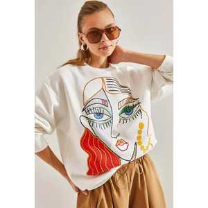 Sudadera de cuello redondo con estampado de figuras bordadas para mujer, mezcla de algodón, manga regular, tejido de punto - Product Image 1