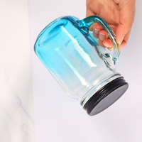 Bouteille en verre Mason de 500 ml avec logo personnalisé, couleur dégradée, avec poignée et couvercle avec trou pour paille, pour jus, thé au lait, boissons froides