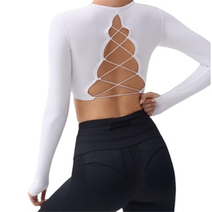 Haut de yoga personnalisé grande taille respirant léger sexy dos nu avec coussinets de poitrine, vêtement d'extérieur portable, entraînement estival à manches longues - Product Image 1