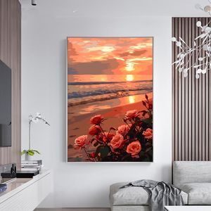 Commercio all'ingrosso tramonto <span class=keywords><strong>mare</strong></span> rosa pittura da numeri con cornice in legno pittura digitale della parete per la decorazione della casa - Product Image 2