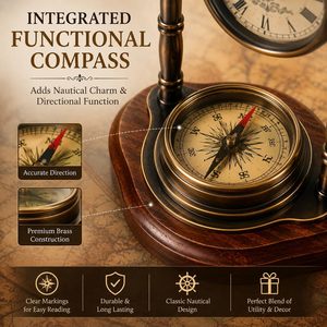 Leathervines Vintage Brass Desk <b>Clock</b> With Compass Solid Wood Base Traditional Tabletop Decor <b>Battery</b> Operated - Product Image 3